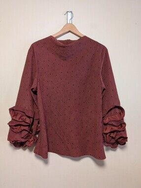 Glam Rust Polka Dot Blouse Dramatic Tiered Ruffle Sleeves Large